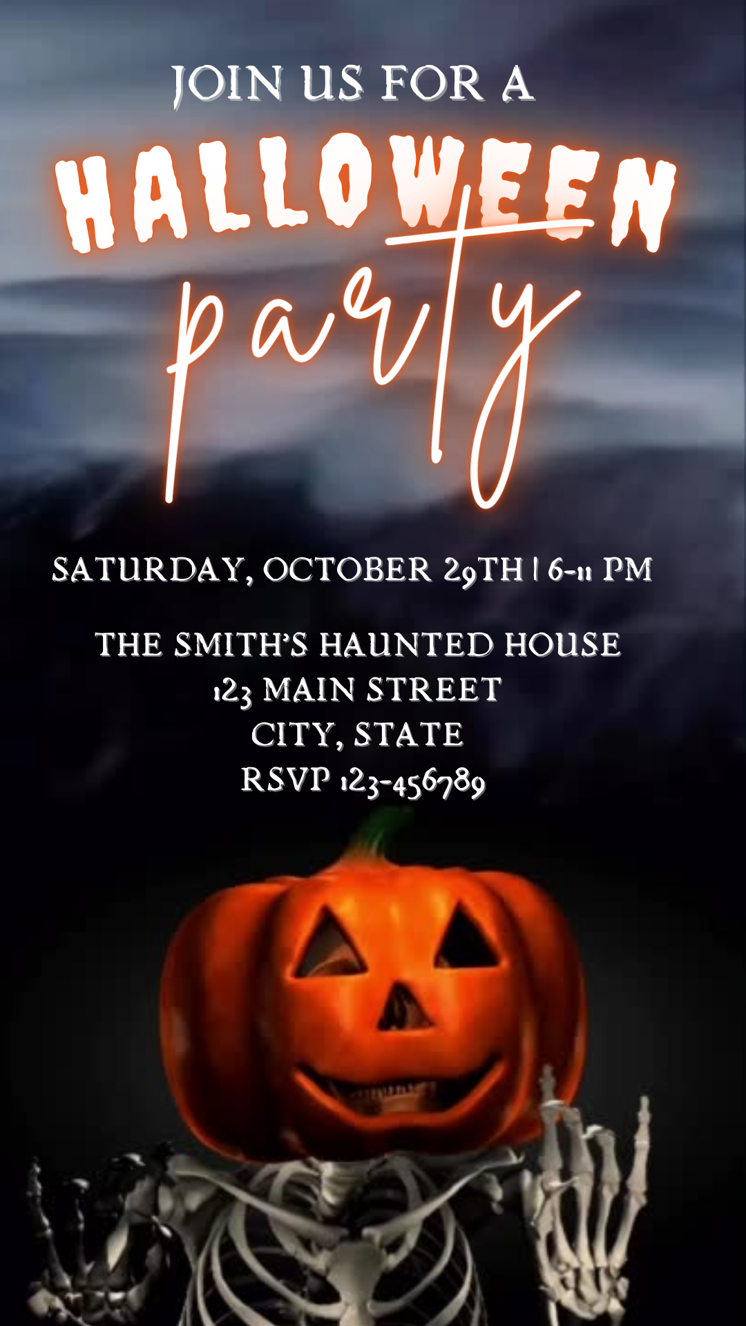 Animated Halloween video invitation with pumpkin-head skeleton dancing under disco lights, featuring a retro boom box and glowing Halloween graphics.