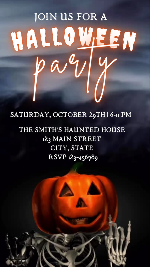 Animated Halloween video invitation with pumpkin-head skeleton dancing under disco lights, featuring a retro boom box and glowing Halloween graphics.