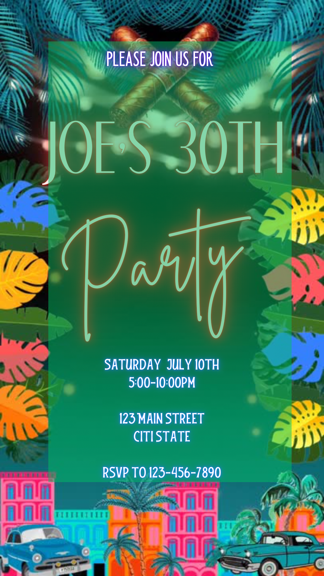 Editable Havana Nights video invitation with Cuban party theme featuring cigars, palm leaves, colorful buildings, and vintage cars. Animated vertical MP4 perfect for mobile sharing. Customize in Canva with your own event details, text, colors, and music. Ideal for birthdays, bachelorette parties, or any tropical celebration.