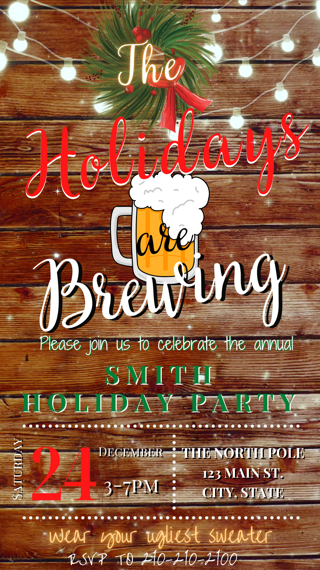 Editable festive beer party invite displayed on smartphone