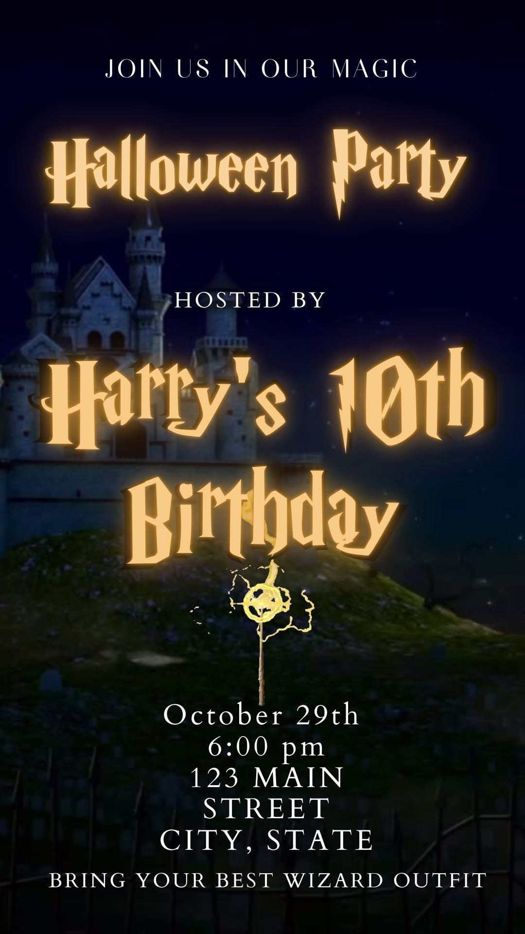 Editable wizard halloween birthday birthday video invitation displayed on a mobile phone, featuring an animated vertical digital invite with music, created in Canva. This premium video invitation template is designed for sharing by text, email, and social media and works with an interactive RSVP website for easy guest response tracking.