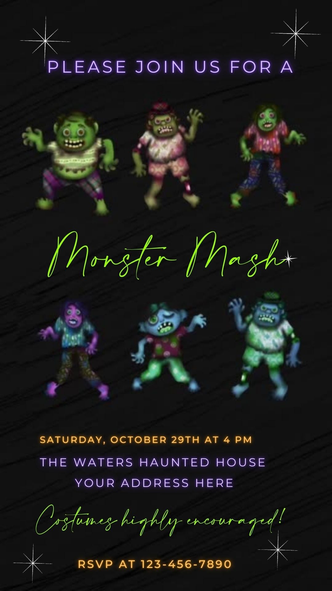 Editable monster mash halloween party party video invitation displayed on a mobile phone, featuring an animated vertical digital invite with music, created in Canva. This premium video invitation template is designed for sharing by text, email, and social media and works with an interactive RSVP website for easy guest response tracking.