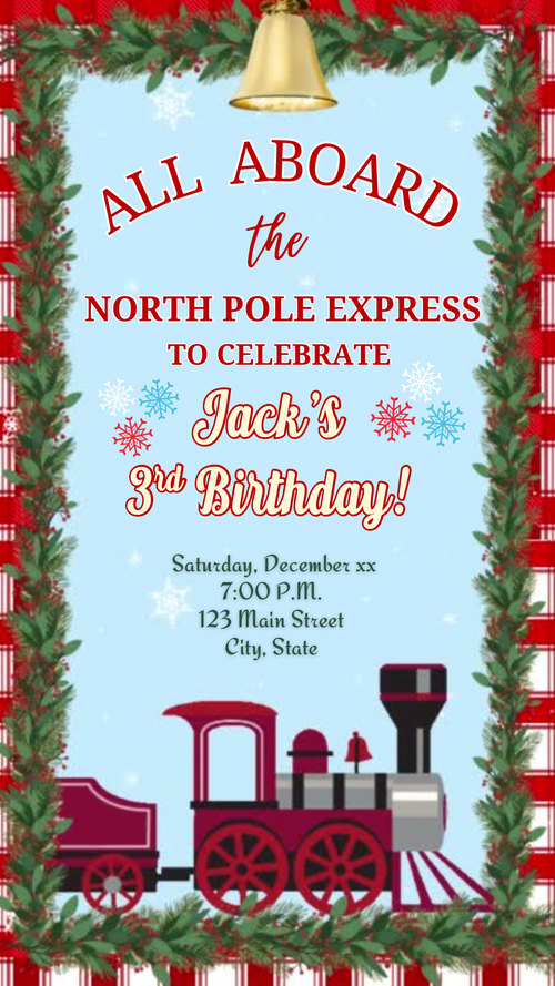 Christmas Train Party Video Invitation – Editable Mobile Holiday Boy Birthday Evite with Music