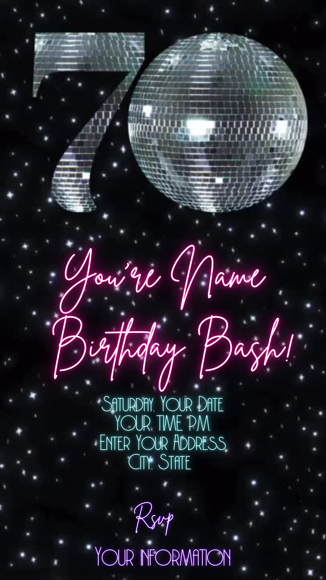 70th Disco Video Birthday Invite Editable Party