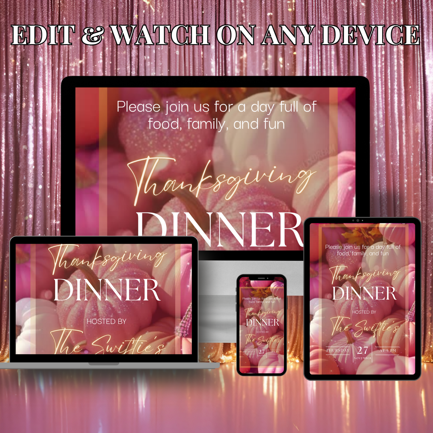 Editable Thanksgiving Video Invitation, Animated Pink Friendsgiving Digital Evite