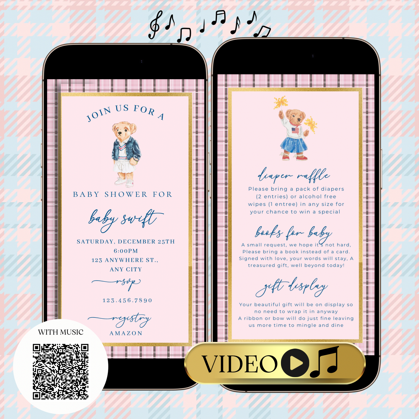 Editable pink Ralph Lauren–inspired baby shower video invitation with music and RSVP. Features plaid border, gold frame, and teddy bear wearing classic Polo-style outfit. Fully customizable Canva template sized 1080x1920 for mobile sharing. Perfect for luxury baby showers, preppy themes, or pink girl celebrations. Easily edit event details and send via text, email, or social media.