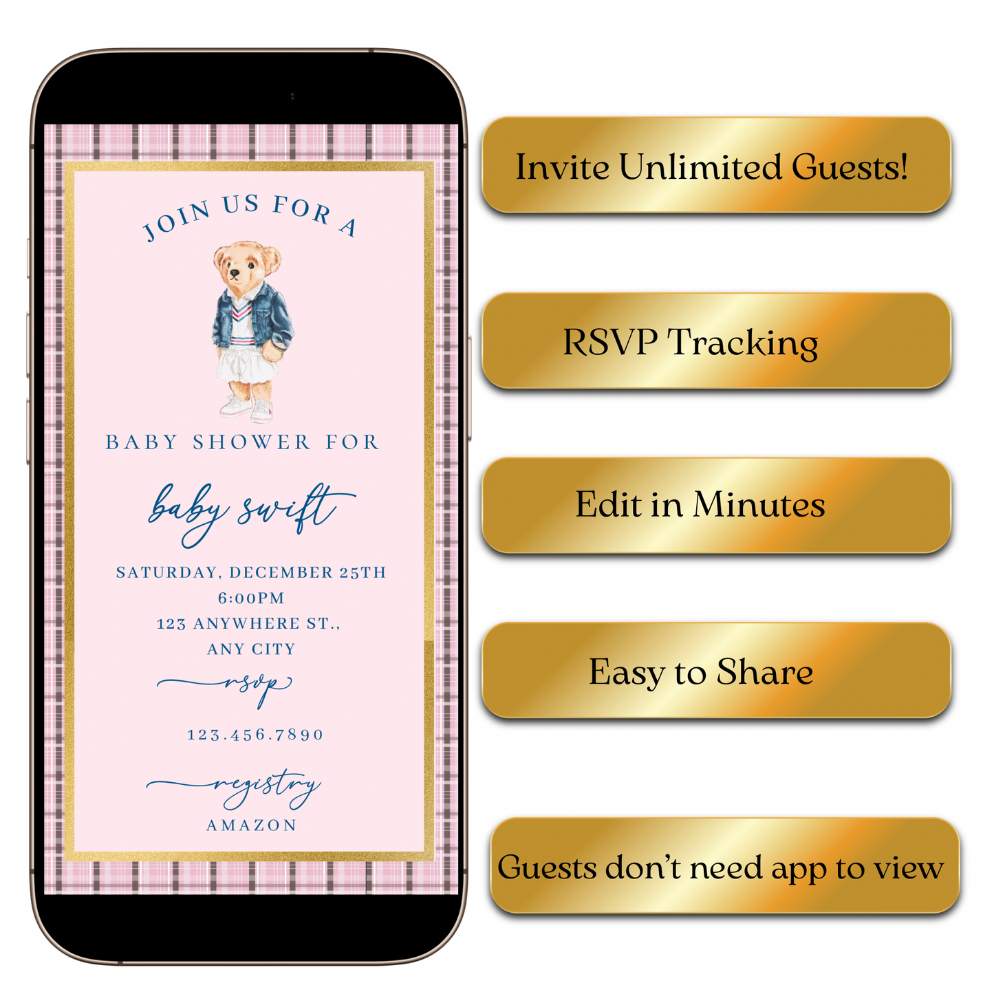Editable pink Ralph Lauren–inspired baby shower video invitation with music and RSVP. Features plaid border, gold frame, and teddy bear wearing classic Polo-style outfit. Fully customizable Canva template sized 1080x1920 for mobile sharing. Perfect for luxury baby showers, preppy themes, or pink girl celebrations. Easily edit event details and send via text, email, or social media.