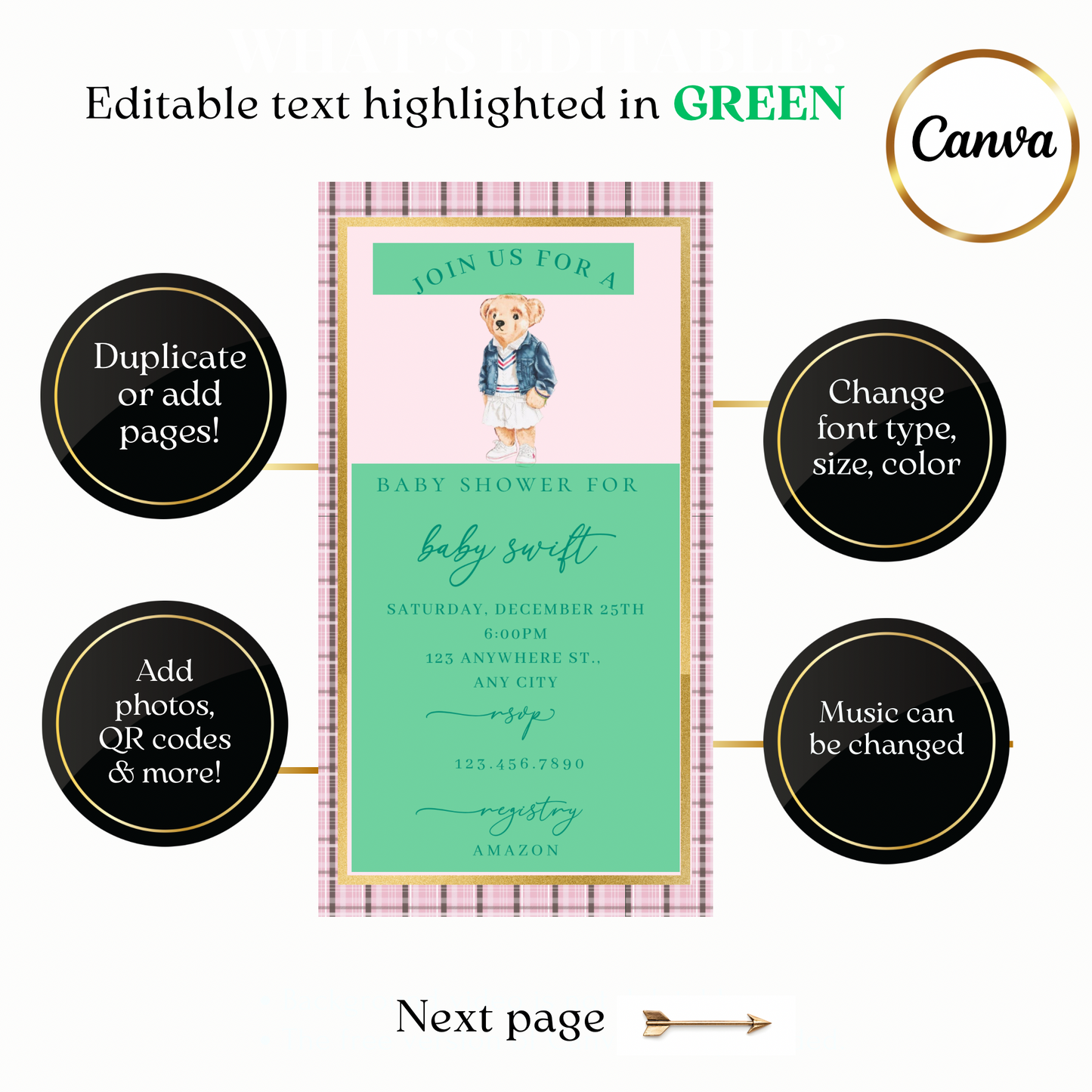 Pink Ralph Lauren Polo Video Invitation | Digital Classic Pink and Gold Baby Shower Invite | Editable Online Teddy Bear Mobile Evite
