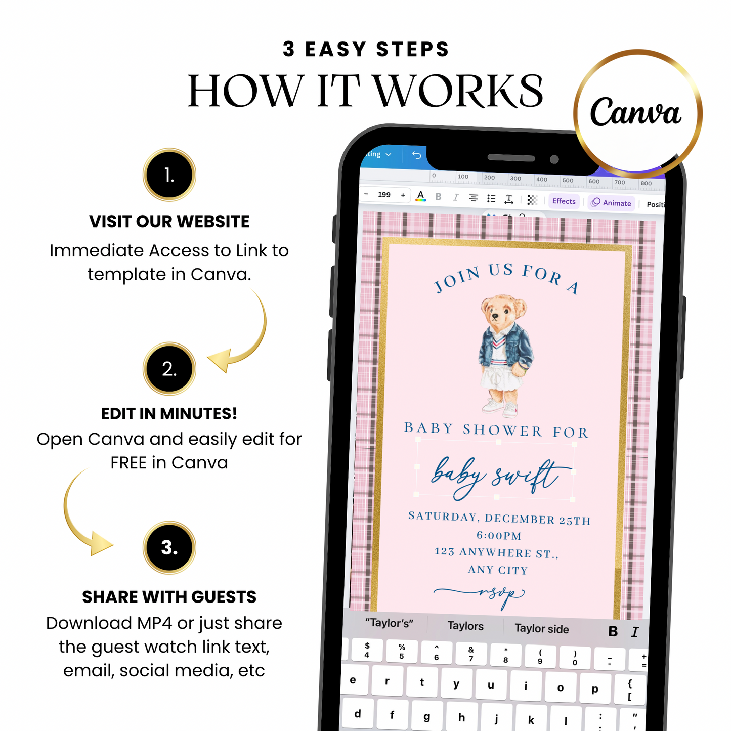 Pink Ralph Lauren Polo Video Invitation | Digital Classic Pink and Gold Baby Shower Invite | Editable Online Teddy Bear Mobile Evite