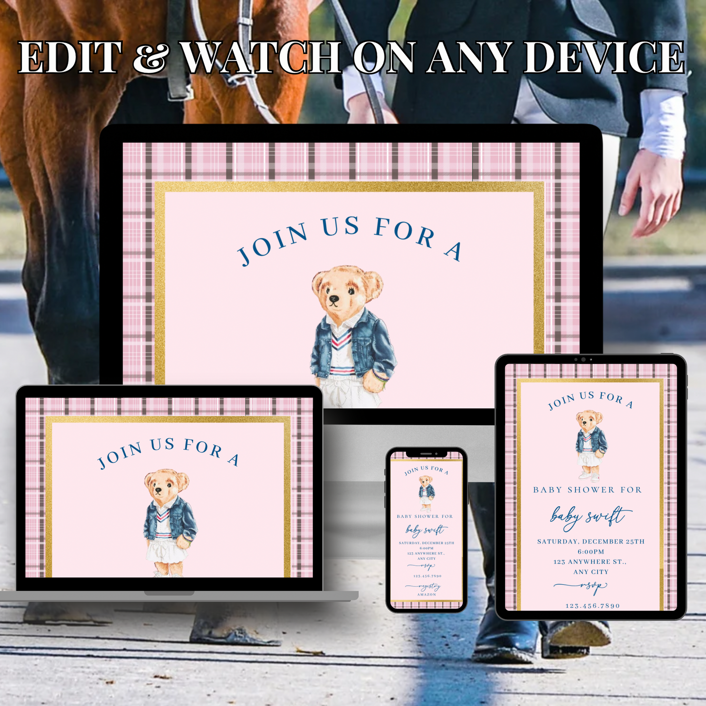 Editable pink Ralph Lauren–inspired baby shower video invitation with music and RSVP. Features plaid border, gold frame, and teddy bear wearing classic Polo-style outfit. Fully customizable Canva template sized 1080x1920 for mobile sharing. Perfect for luxury baby showers, preppy themes, or pink girl celebrations. Easily edit event details and send via text, email, or social media.