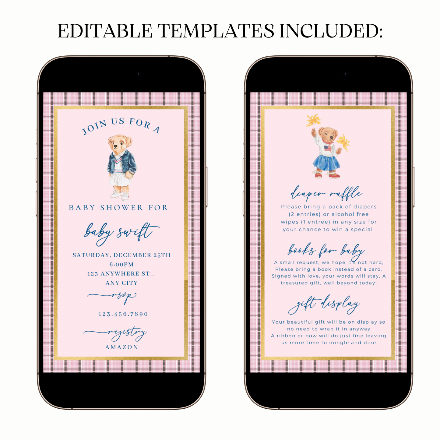 Editable pink Ralph Lauren–inspired baby shower video invitation with music and RSVP. Features plaid border, gold frame, and teddy bear wearing classic Polo-style outfit. Fully customizable Canva template sized 1080x1920 for mobile sharing. Perfect for luxury baby showers, preppy themes, or pink girl celebrations. Easily edit event details and send via text, email, or social media.