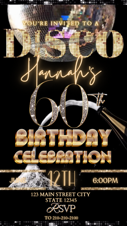 Disco Party Video Invitation | Champagne Disco Theme Digital Evite | Editable Canva Template