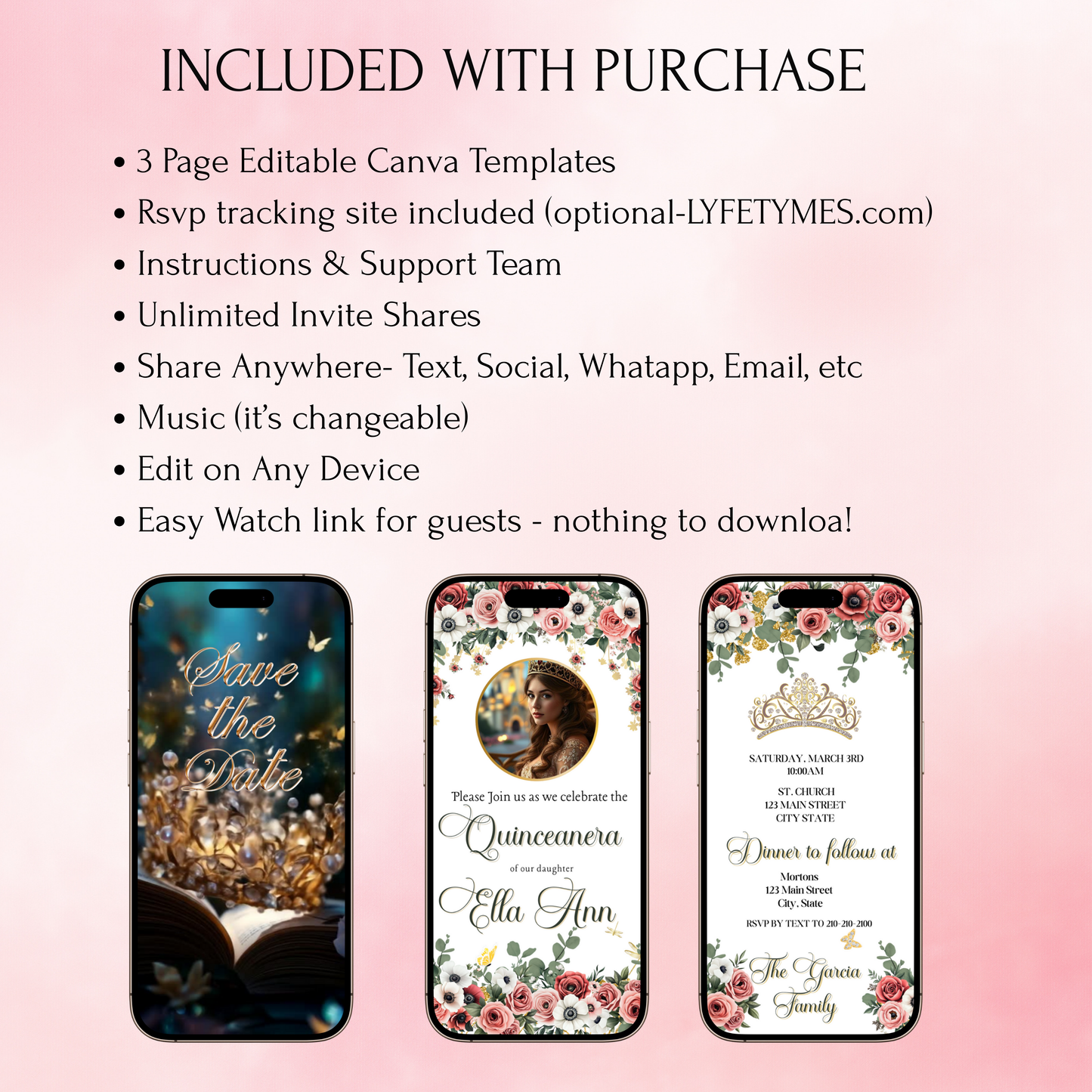 Blush Floral Quinceanera Video Invite Animated Sweet 15 Quince Mobile Evite with RSVP tracking