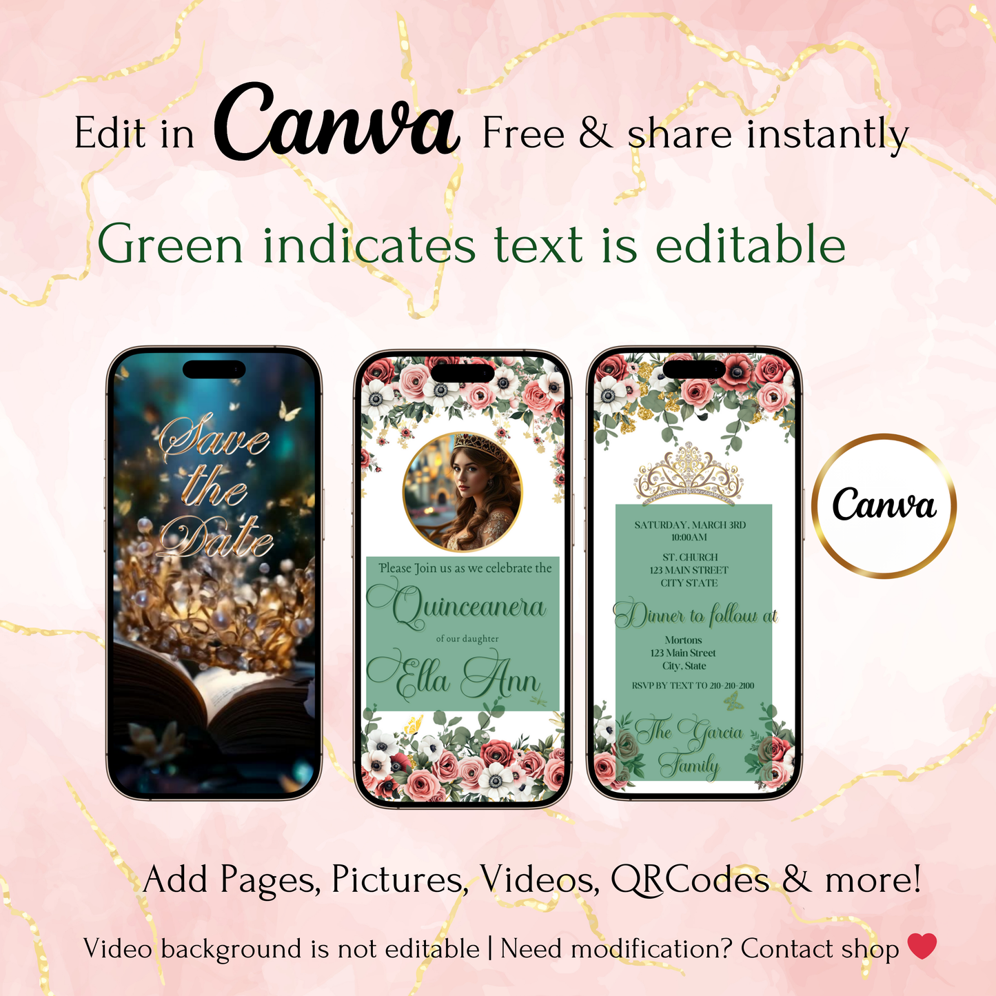 Blush Floral Quinceanera Video Invite Animated Sweet 15 Quince Mobile Evite with RSVP tracking