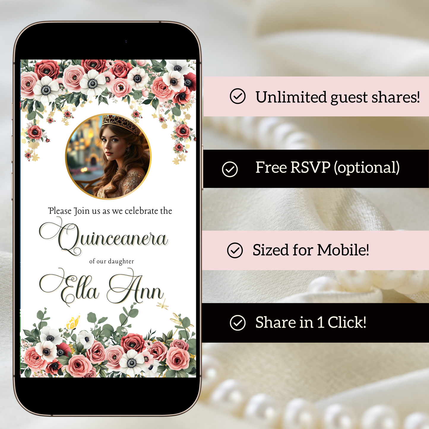 Blush Floral Quinceanera Video Invite Animated Sweet 15 Quince Mobile Evite with RSVP tracking