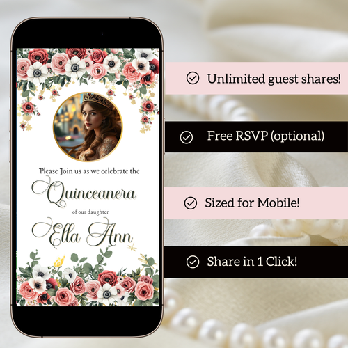 Blush Floral Quinceanera Video Invite Animated Sweet 15 Quince Mobile Evite with RSVP tracking