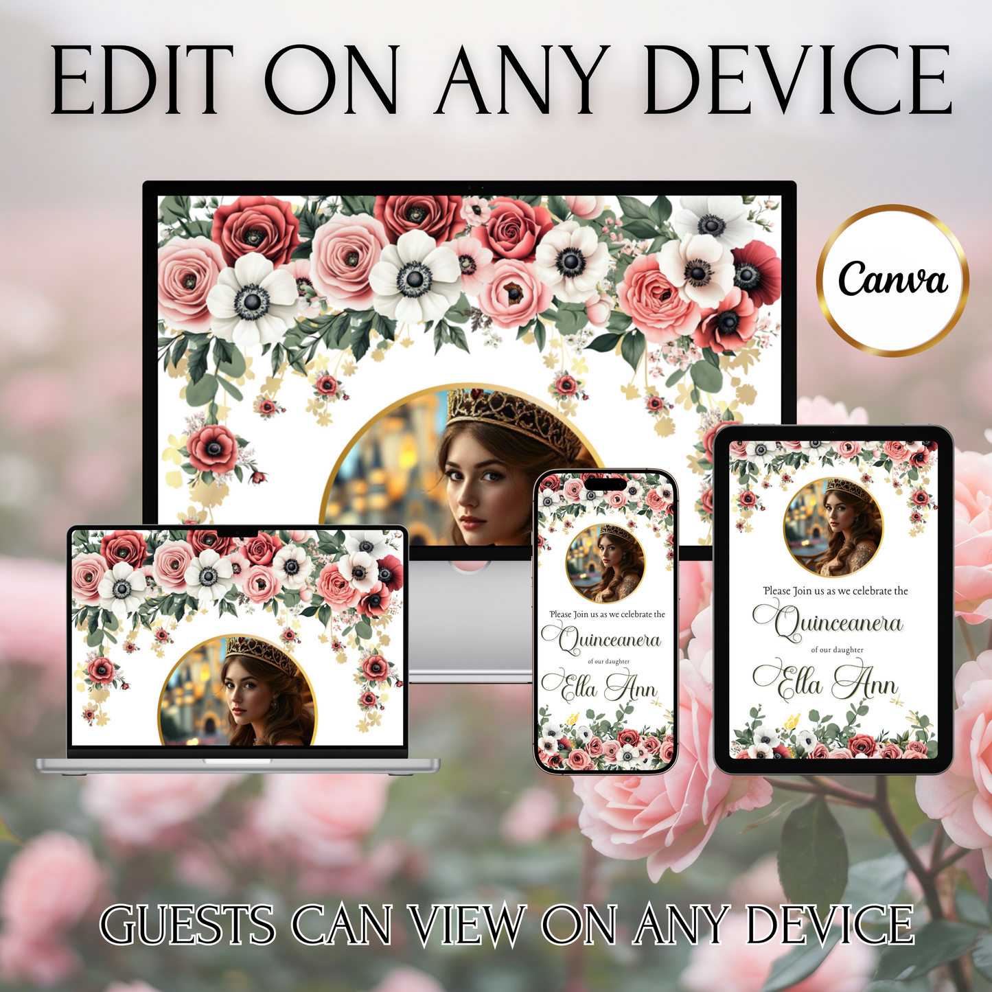 Blush Floral Quinceanera Video Invite Animated Sweet 15 Quince Mobile Evite with RSVP tracking