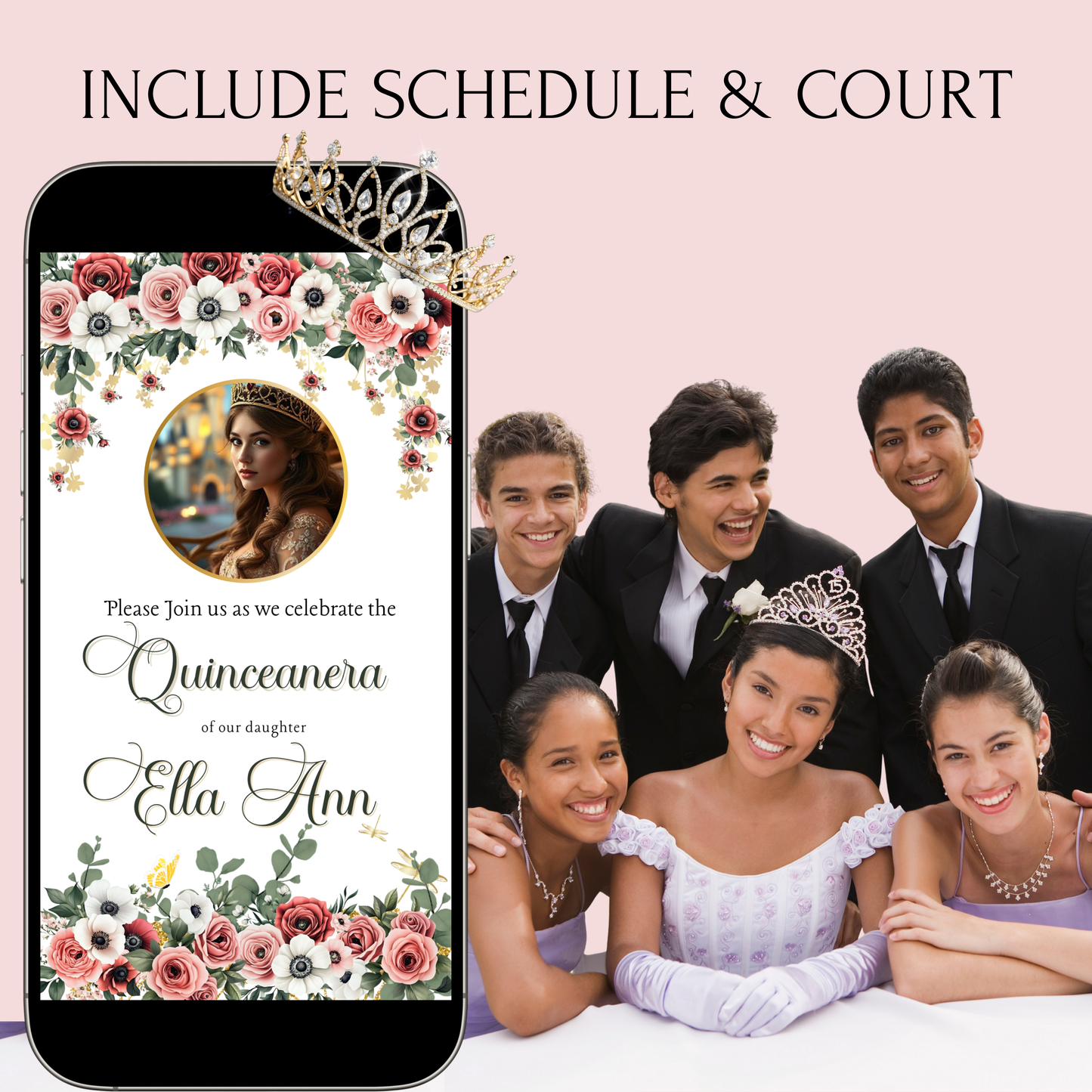 Blush Floral Quinceanera Video Invite Animated Sweet 15 Quince Mobile Evite with RSVP tracking