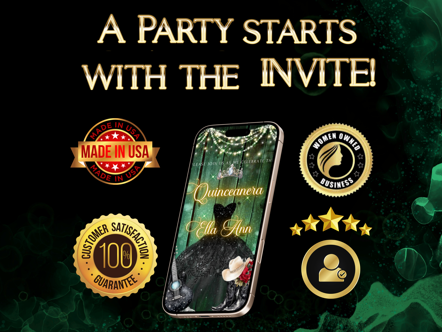 Editable Quinceañera Invitation Video Template – Elegant Sweet 15 with Black Gown, Rose Accents, Tiara and Green Barn Wood Background | Canva MP4 Digital Download for Mobile Sharing