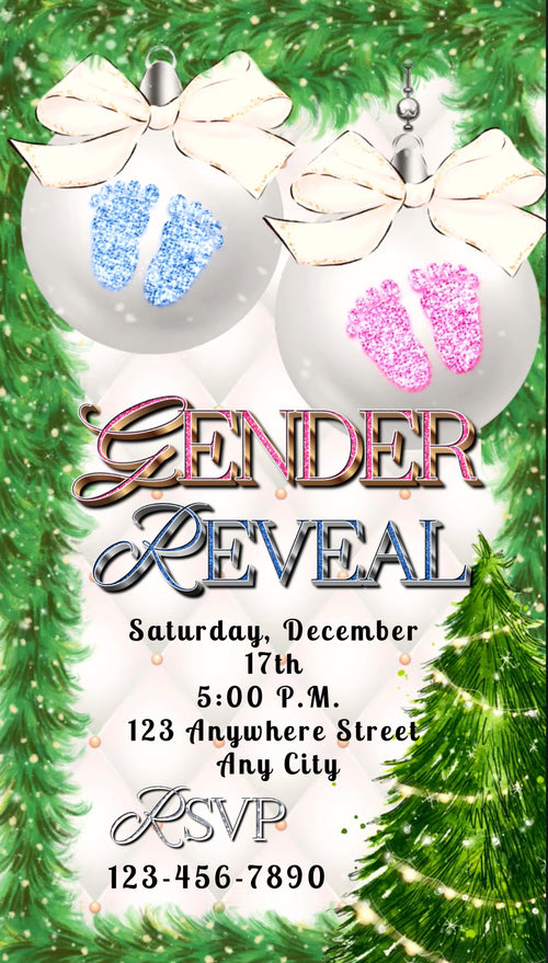 Gender Reveal Christmas Party Video Invitation – Editable Holiday Baby Reveal Pink or Blue Ornaments Evite
