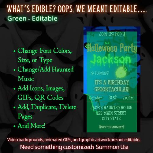 Editable Halloween video invitation with animated theme, customizable in Canva. Perfect for party invites.