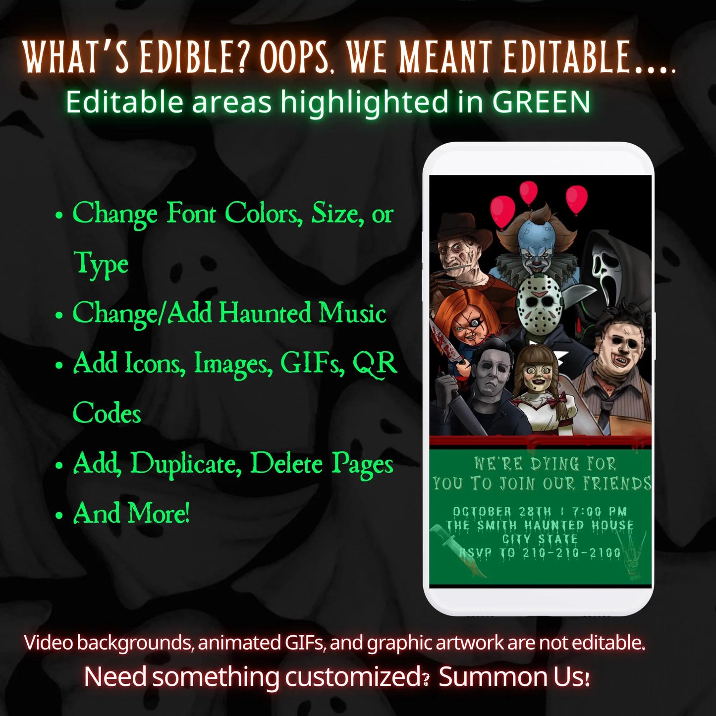 Editable Halloween video invitation with animated theme, customizable in Canva. Perfect for party invites.