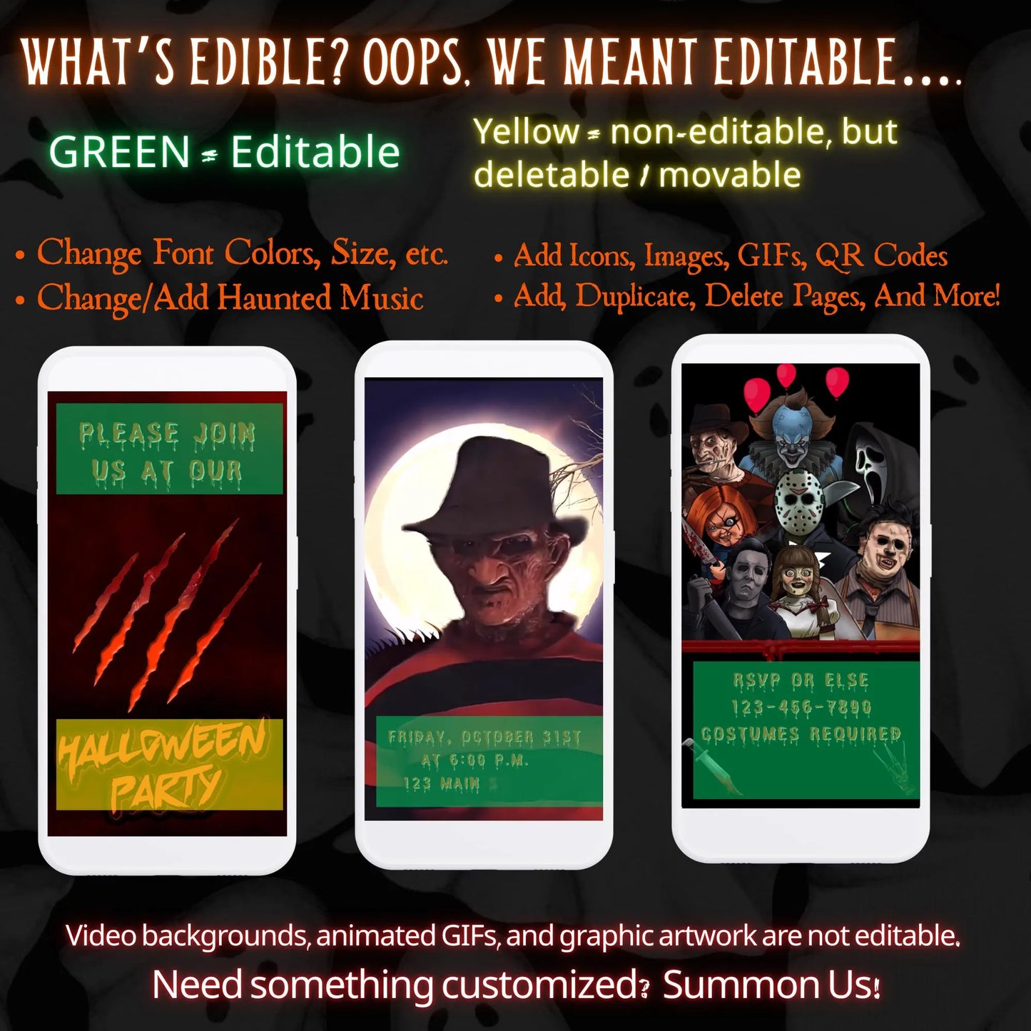 Editable Halloween video invitation with animated theme, customizable in Canva. Perfect for party invites.