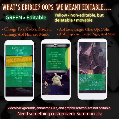Editable Halloween video invitation with animated theme, customizable in Canva. Perfect for party invites.