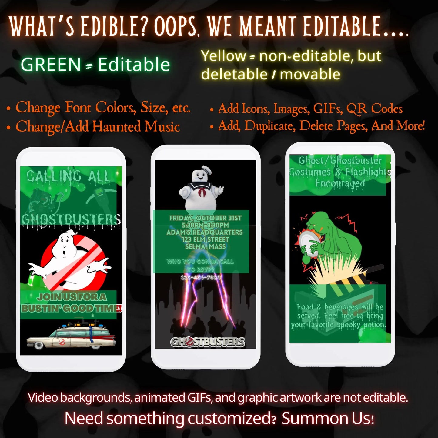Editable Halloween video invitation with animated theme, customizable in Canva. Perfect for party invites.