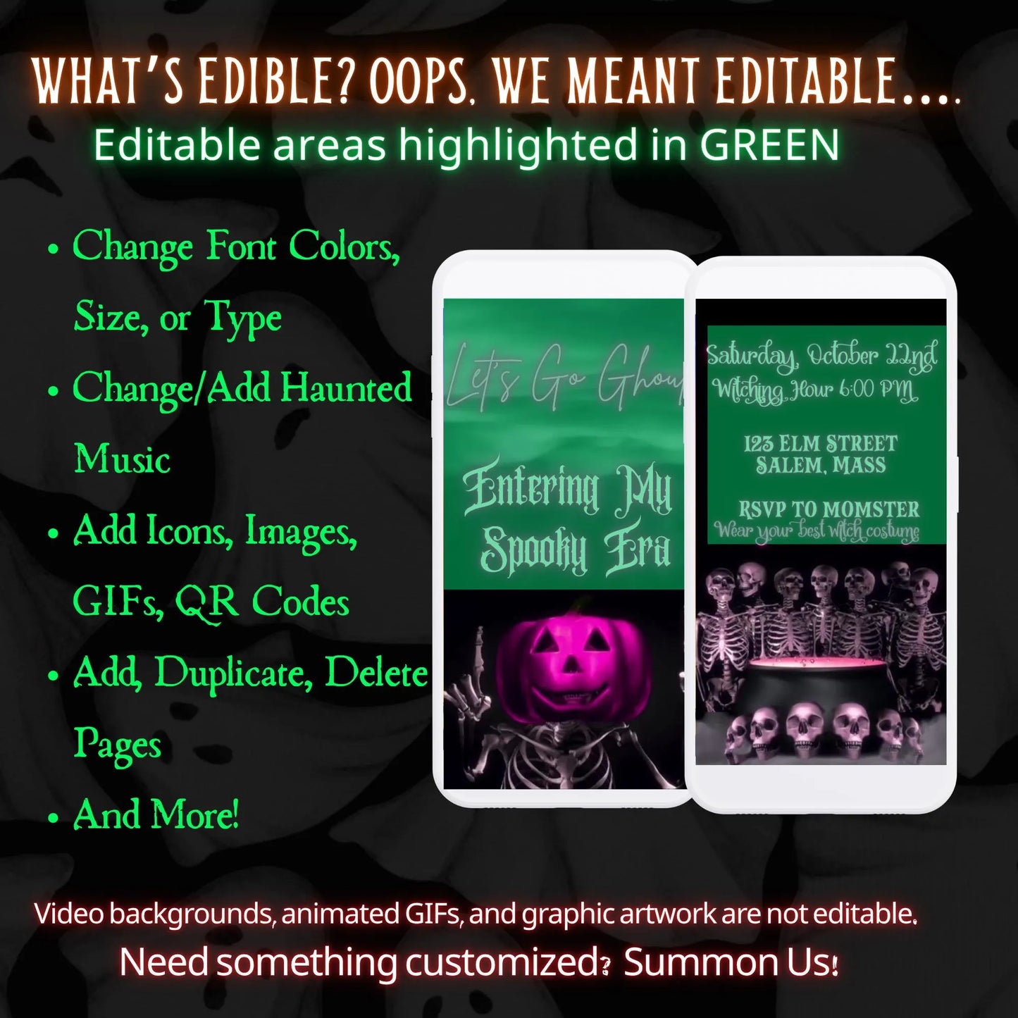 Editable Halloween video invitation with animated theme, customizable in Canva. Perfect for party invites.