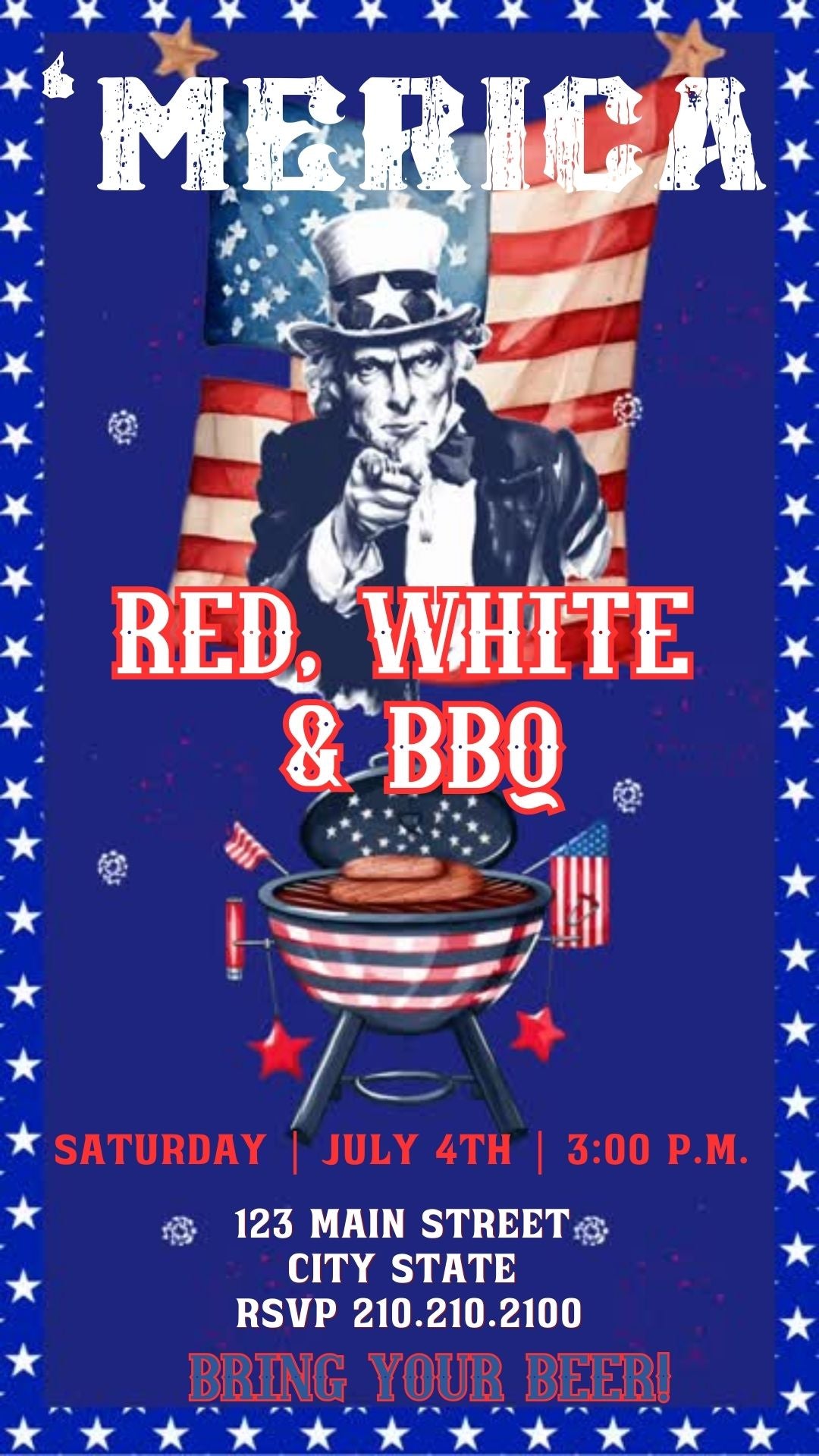Editable red white blue bbq party party video invitation displayed on a mobile phone, featuring an animated vertical digital invite with music, created in Canva. This premium video invitation template is designed for sharing by text, email, and social media and works with an interactive RSVP website for easy guest response tracking.