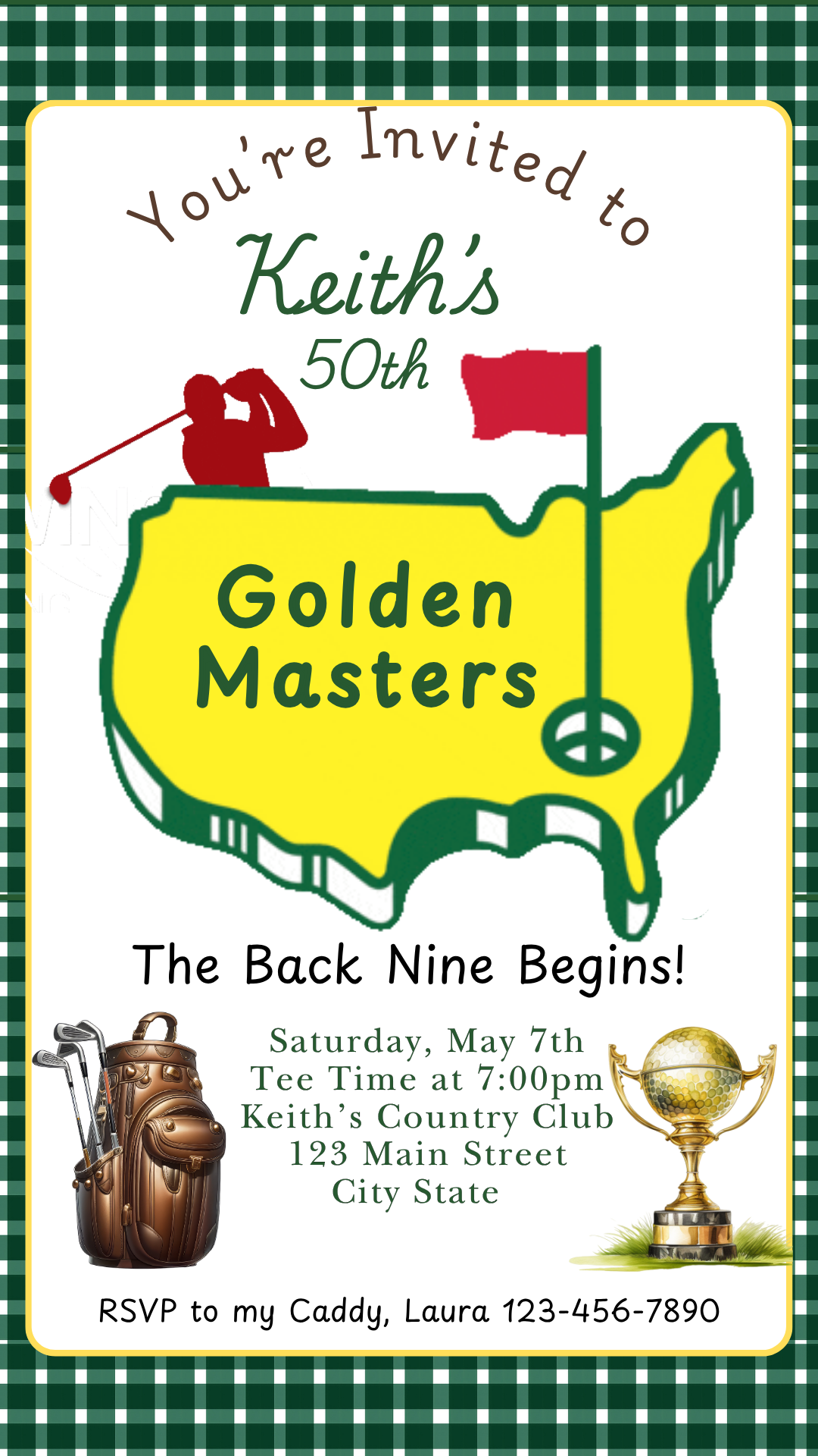 Vertical phone mockup showing Masters Watch Party animated video invite