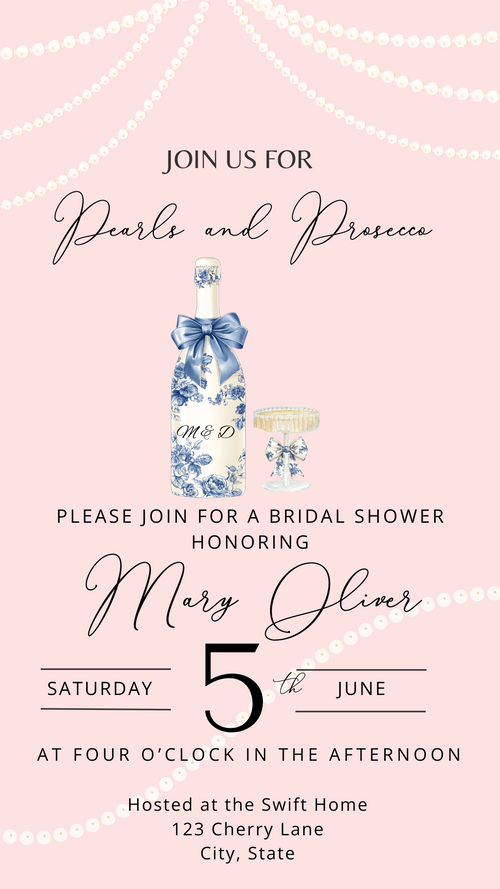 Vertical phone mockup showing Pearls & Prosecco animated video invite