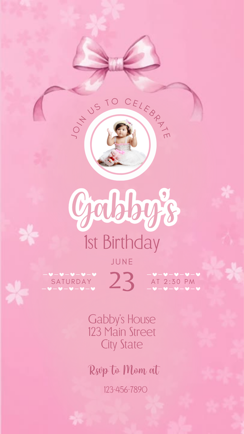 Vertical phone mockup showing pink bow animated video invite