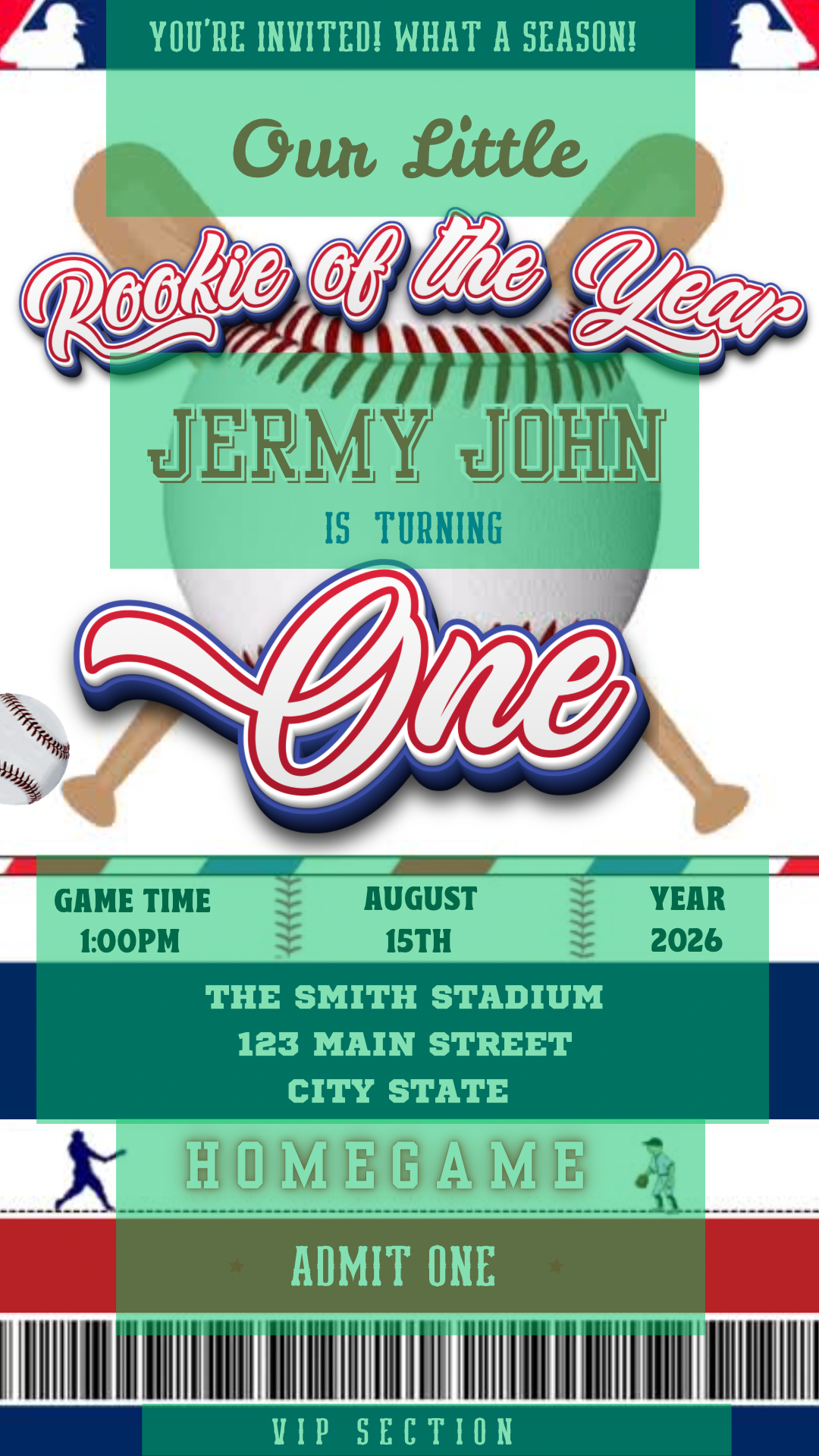 Editable Rookie of the Year video invitation in a baseball ticket style for 1st birthday or sports-themed party. Animated Canva template with music, mobile format, and easy customization