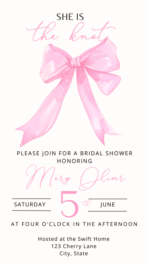 Vertical phone mockup showing “She’s Tying the Knot” animated video invite