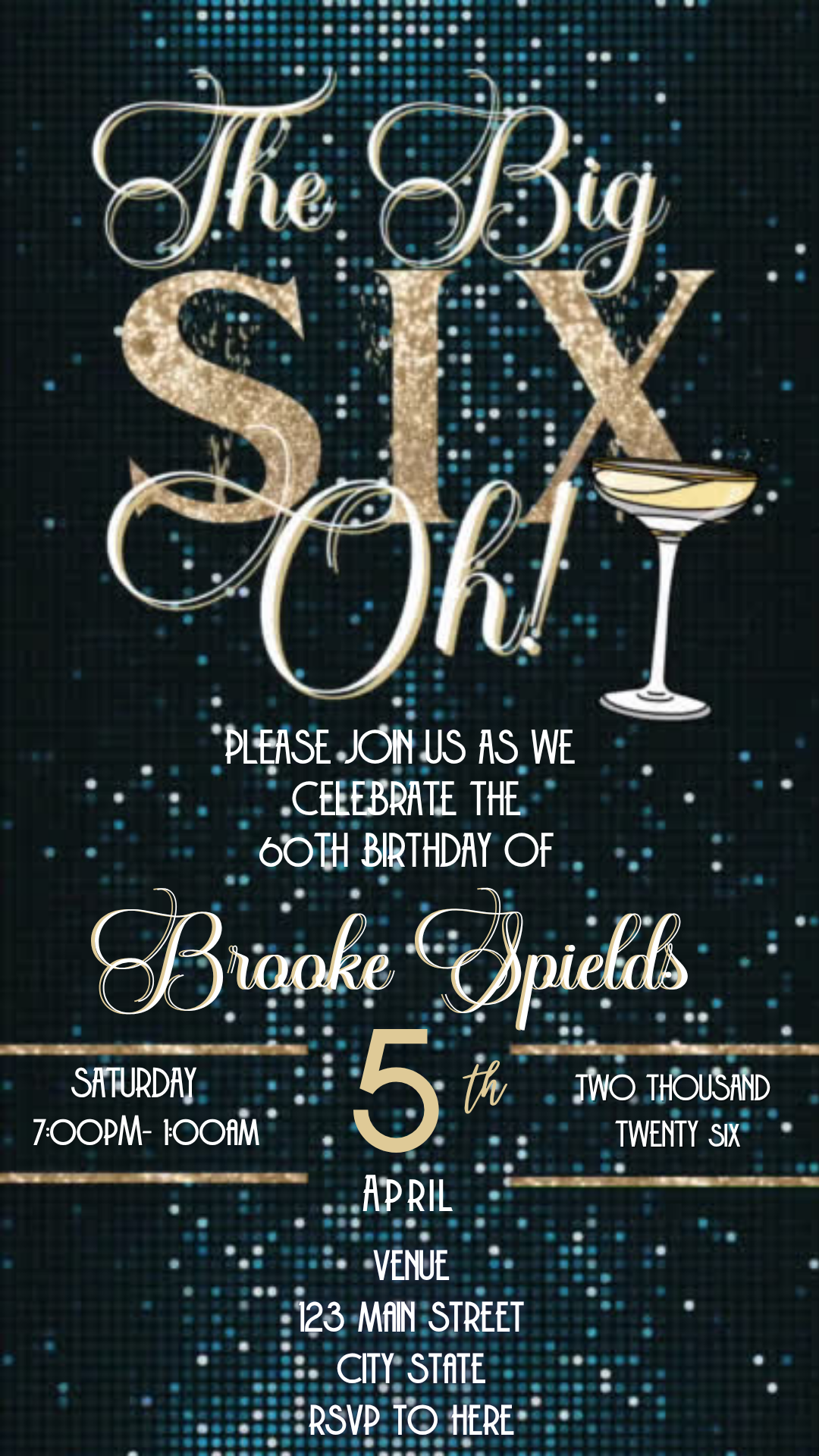 Vertical phone mockup showing “The Big Six Oh!” animated video invite