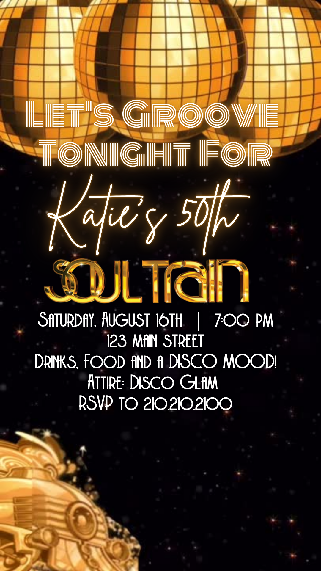 Vertical phone mockup showing Soul Train Gold animated video invite