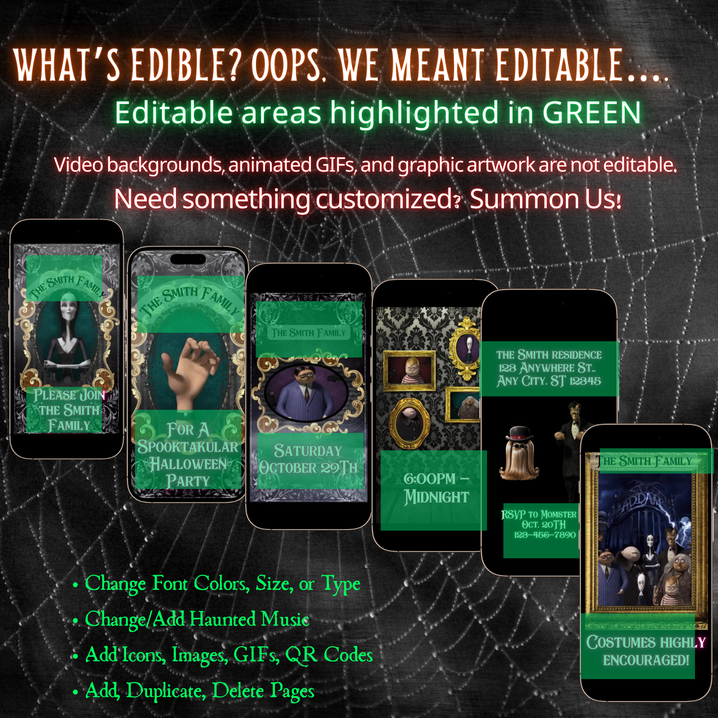 Editable Halloween video invitation with animated theme, customizable in Canva. Perfect for party invites.