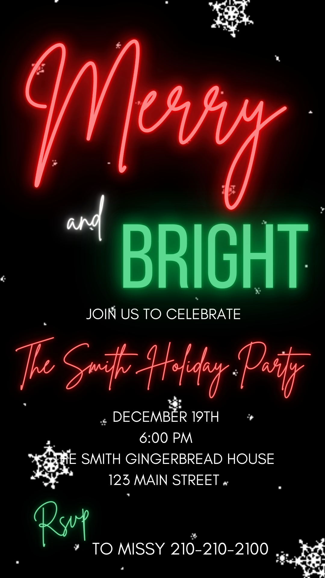 Editable neon holiday video invite displayed on smartphone