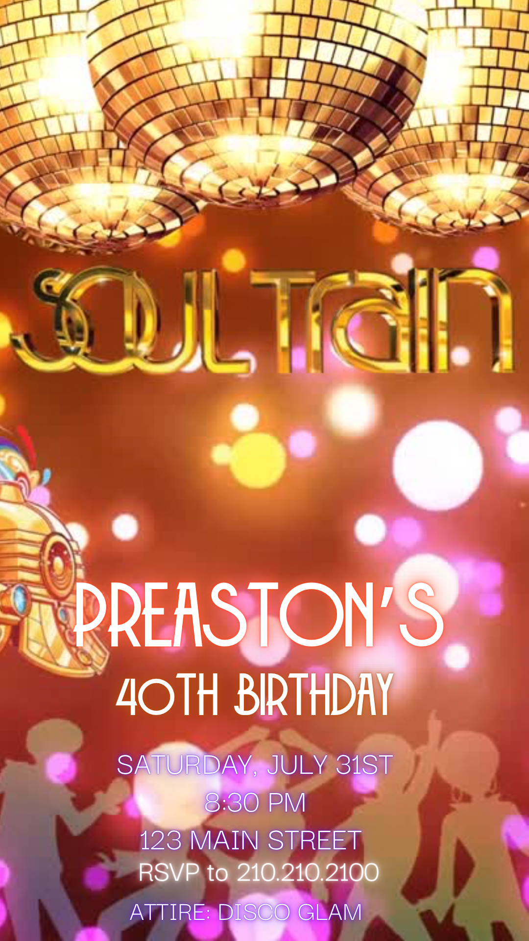 Editable Soul Train video invitation featuring golden disco balls, funky silhouettes, and retro 70s party vibes. Perfect for milestone birthdays, disco dance nights, and soul-themed celebrations. Mobile-friendly 1080x1920 Canva template with music, fully customizable text, and vibrant animation. Share instantly via text, email, WhatsApp, or social media.