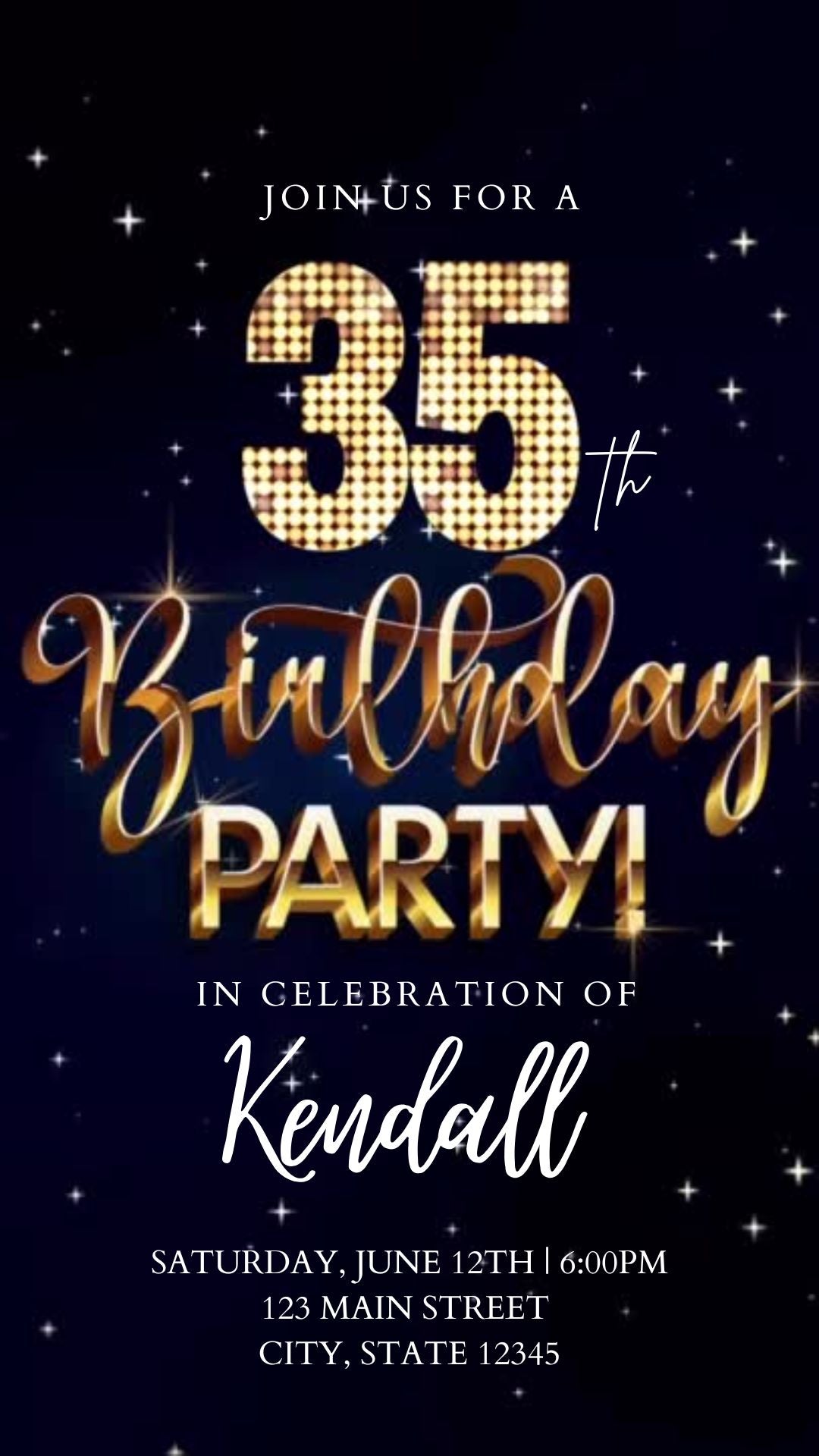 Editable blue gold starry 35th birthday video invitation displayed on a mobile phone, featuring an animated vertical digital invite with music, created in Canva. This premium video invitation template is designed for sharing by text, email, and social media and works with an interactive RSVP website for easy guest response tracking.