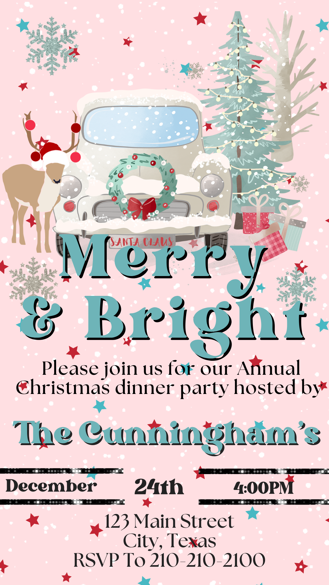 Editable Pink Merry & Bright video invitation shown on smartphone