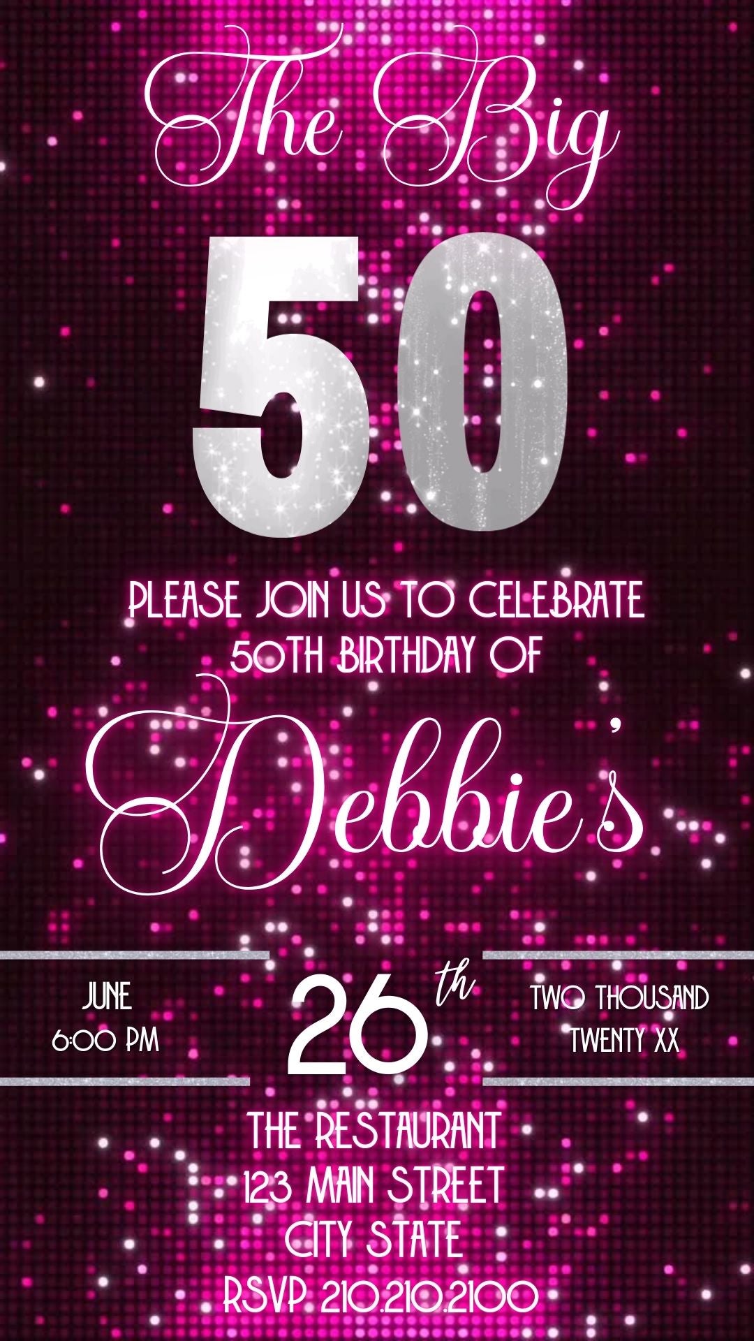 Editable pink sequin 50th birthday video invitation displayed on a mobile phone, featuring an animated vertical digital invite with music, created in Canva. This premium video invitation template is designed for sharing by text, email, and social media and works with an interactive RSVP website for easy guest response tracking.