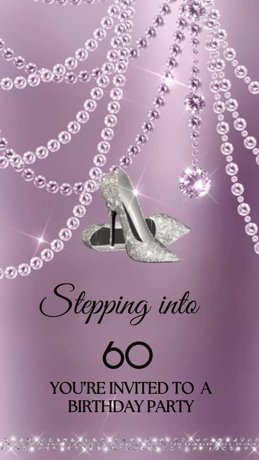 Invitation card with high-heeled shoe and rhinestone decorations on a purple background