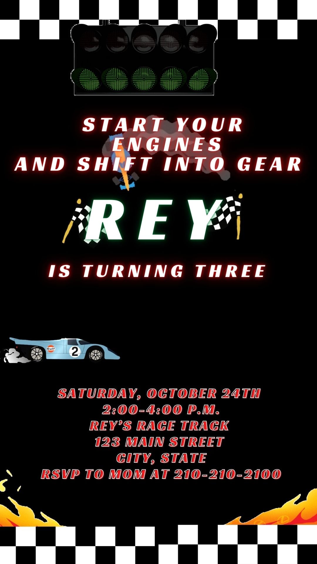 Editable race car birthday birthday video invitation displayed on a mobile phone, featuring an animated vertical digital invite with music, created in Canva. This premium video invitation template is designed for sharing by text, email, and social media and works with an interactive RSVP website for easy guest response tracking.
