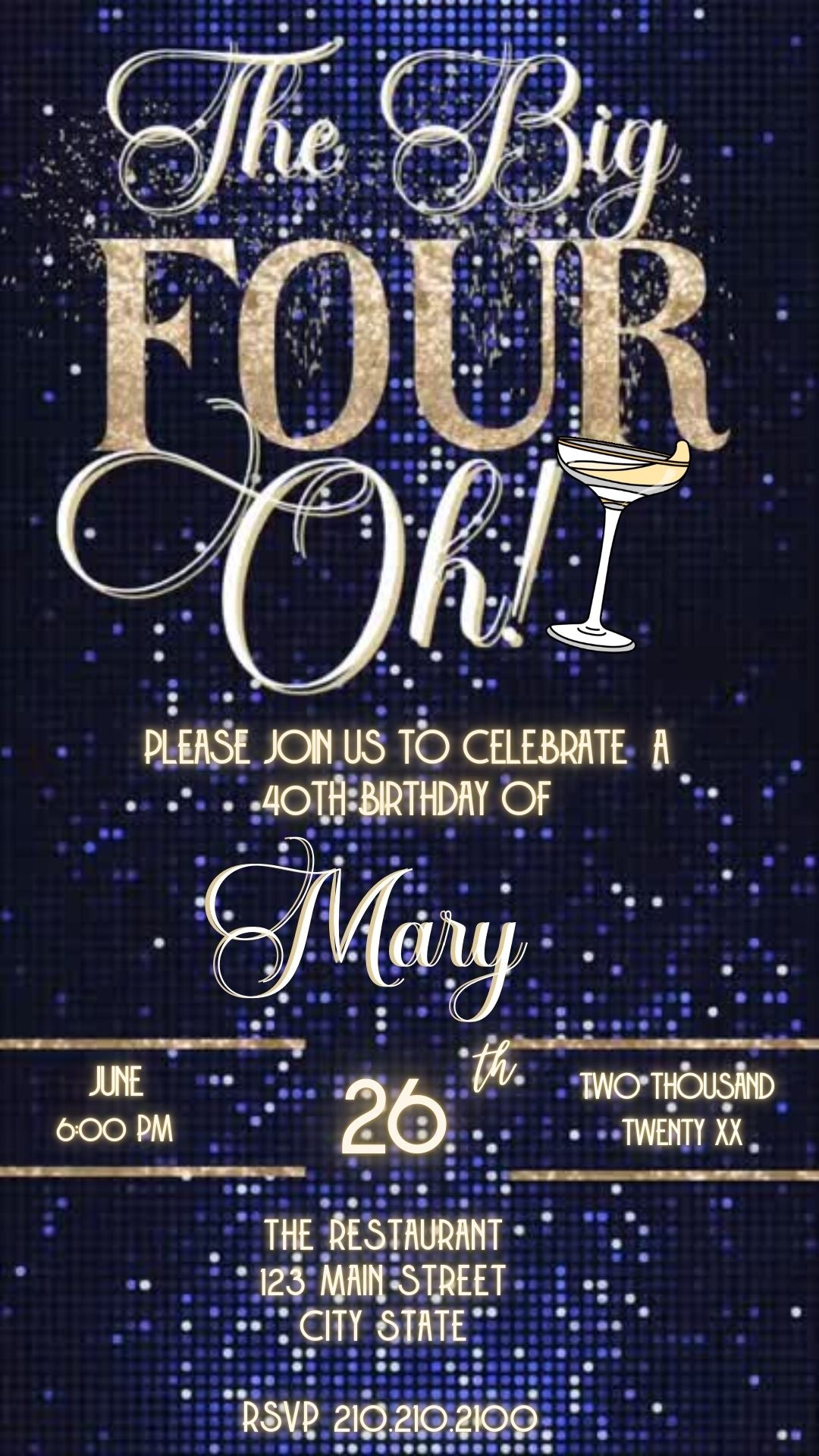 Editable blue gold 40th birthday video invitation displayed on a mobile phone, featuring an animated vertical digital invite with music, created in Canva. This premium video invitation template is designed for sharing by text, email, and social media and works with an interactive RSVP website for easy guest response tracking.