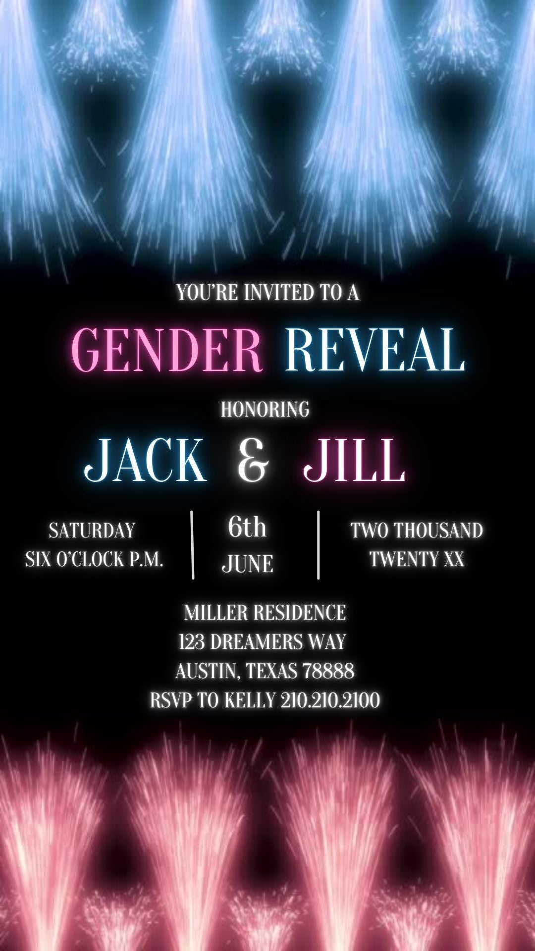Editable fireworks gender reveal event video invitation displayed on a mobile phone, featuring an animated vertical digital invite with music, created in Canva. This premium video invitation template is designed for sharing by text, email, and social media and works with an interactive RSVP website for easy guest response tracking.