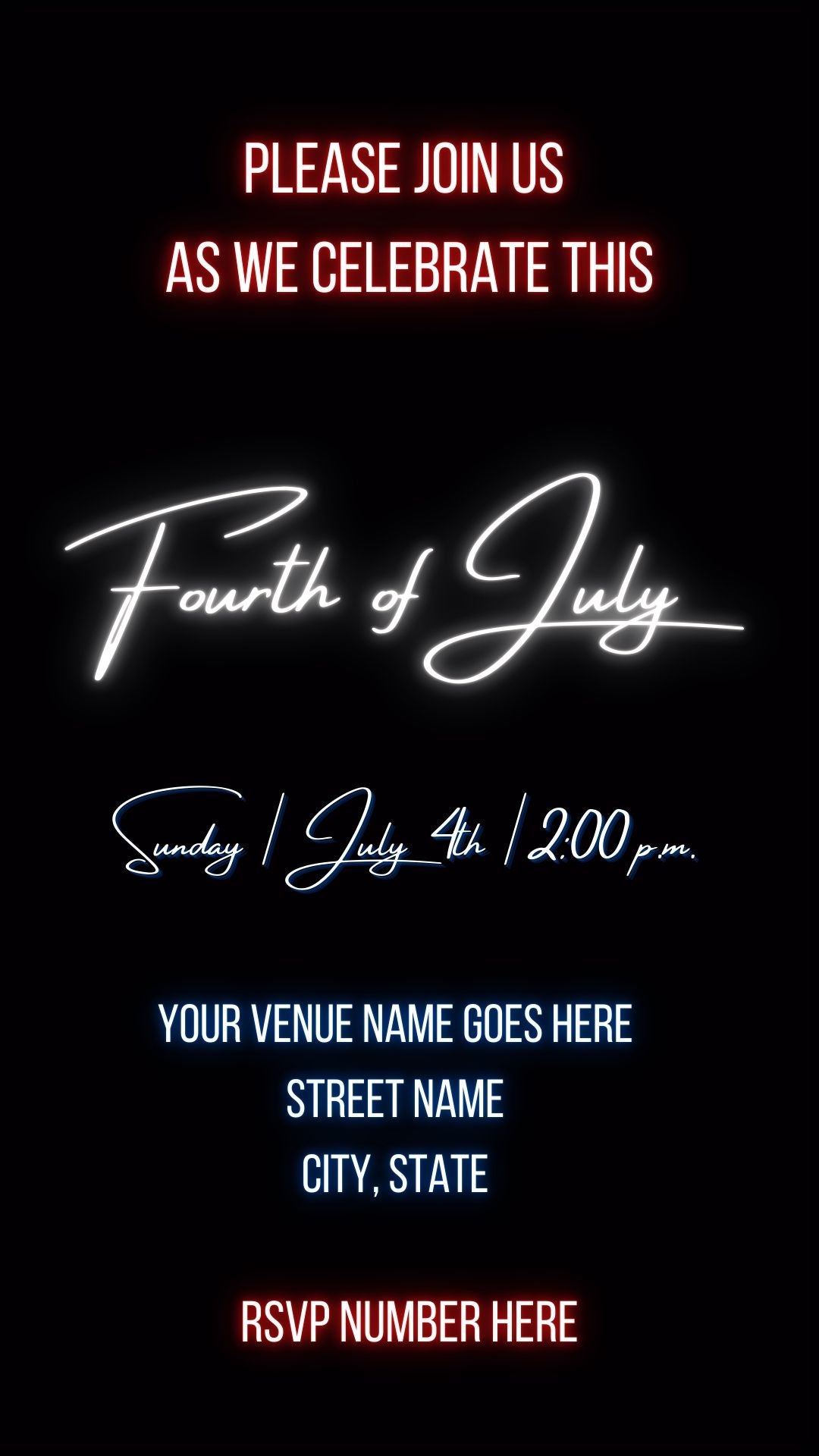 Editable neon fourth of july party party video invitation displayed on a mobile phone, featuring an animated vertical digital invite with music, created in Canva. This premium video invitation template is designed for sharing by text, email, and social media and works with an interactive RSVP website for easy guest response tracking.