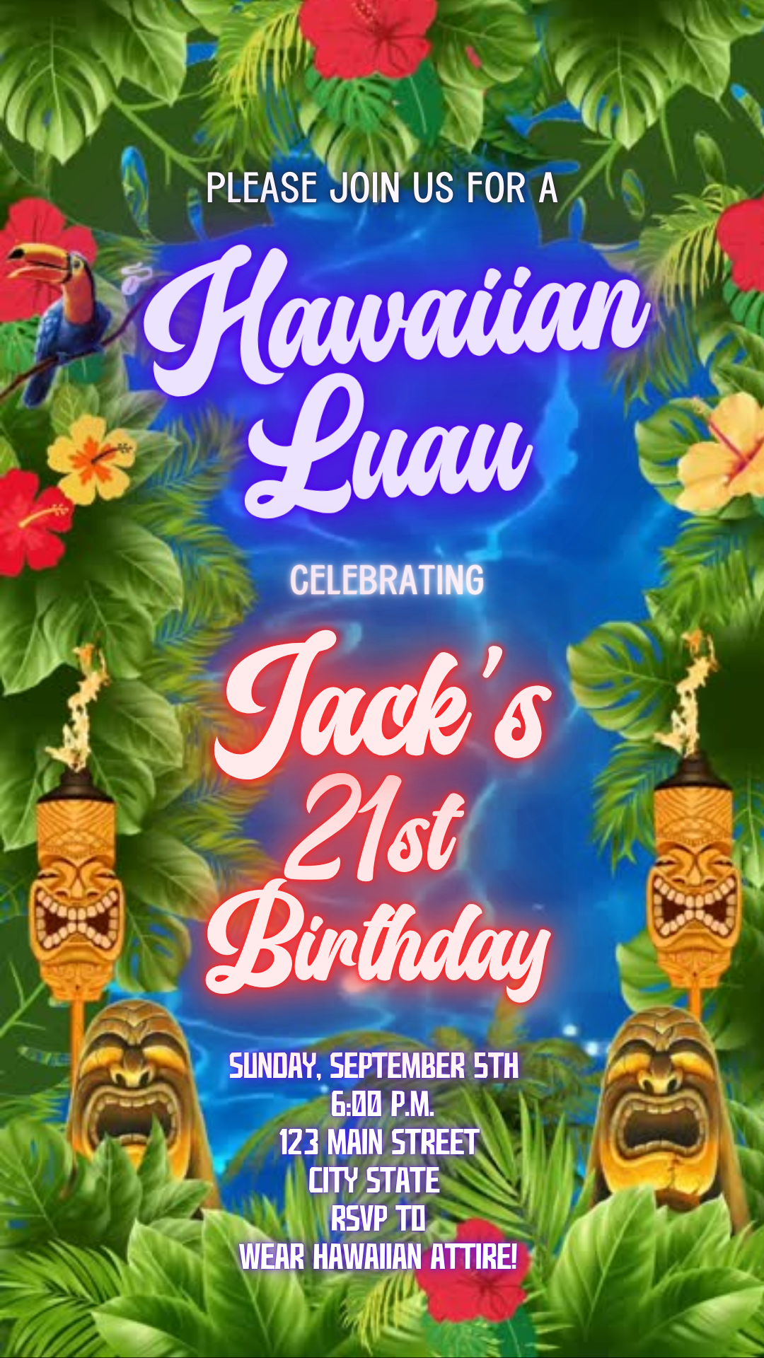 Editable Hawaiian Luau video invitation displayed on smartphone